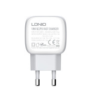 Зарядно устройство 220V с 1 PD 18W и 1 USB изход 1.5 - 3A , 3.6 - 12V + кабел iPhone - LDNIO A2313C ( Quick Charge 3.0 , Adaptive Fast Charging )